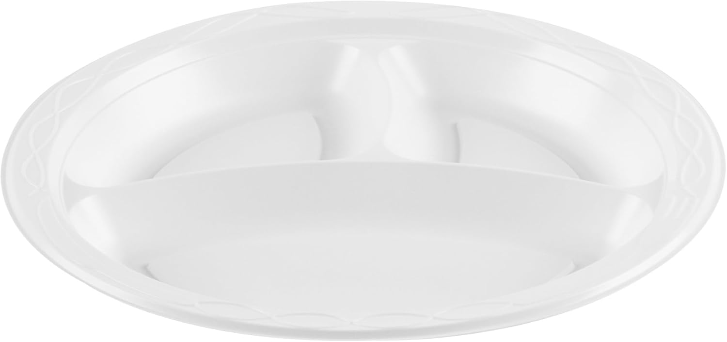 Restaurantware-RW Base 10.4 Inch Microwavable Food Plates, 150 Round Plastic Plates - 3 Compartments, Disposable, White Plastic Dinner Plates, Serve Hot And Cold Foods, For Restaurants And Cafes